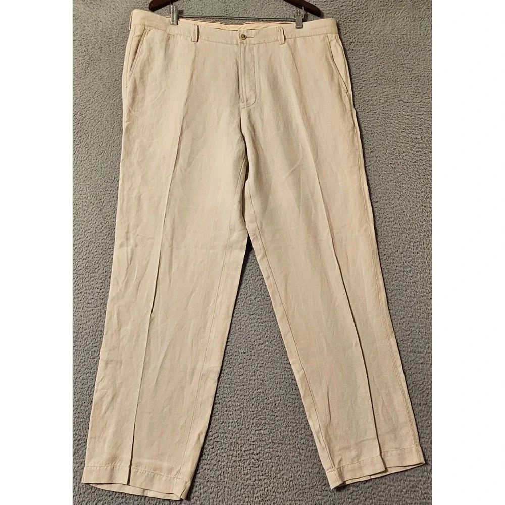 Tommy Bahama Mens 40x32 Linen Silk Blend Pleated Pants Cream Straight Leg